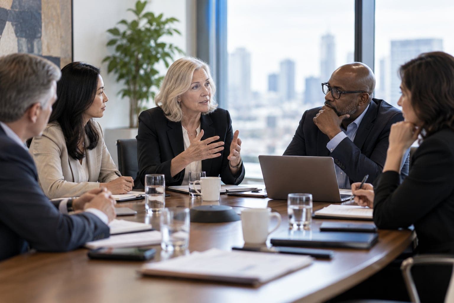 Five directors in discussion around a boardroom table, one making a point while the others listen.