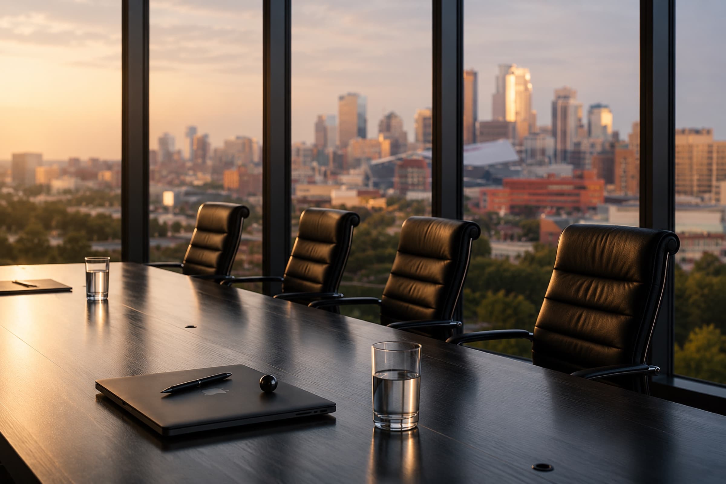 An executive boardroom at dusk with leather chairs and a downtown skyline through floor-to-ceiling windows